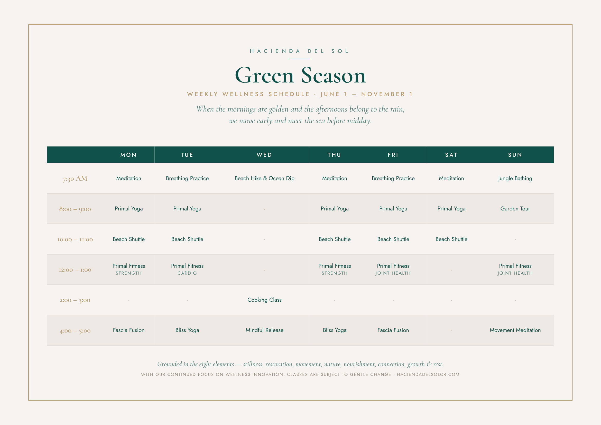 Green Season weekly wellness schedule, June 1 to November 1
